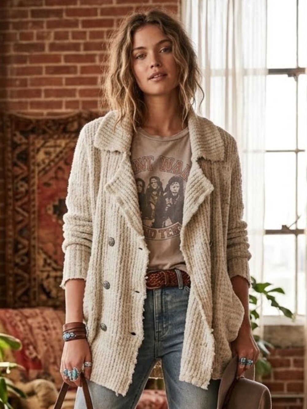 Free People Cardigan Wool Blend Zebra Yarn Icicle Teddy